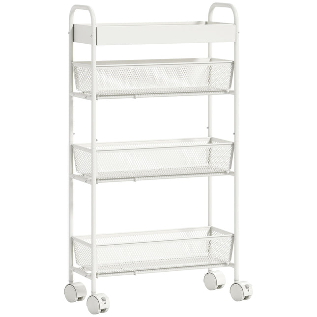 Metal Kitchen Cart, 3 Baskets, Slim Design, 4 Wheels, White