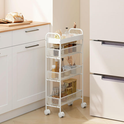 Metal Kitchen Cart, 3 Baskets, Slim Design, 4 Wheels, White