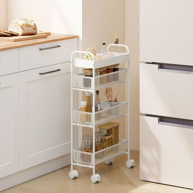 Metal Kitchen Cart, 3 Baskets, Slim Design, 4 Wheels, White