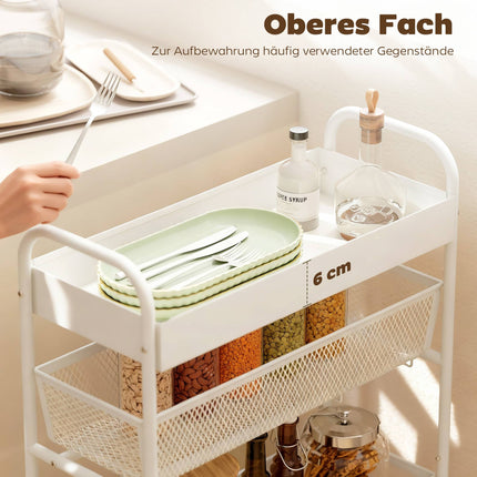 Metal Kitchen Cart, 3 Baskets, Slim Design, 4 Wheels, White
