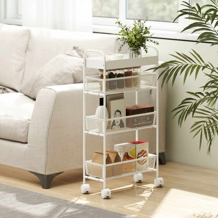 Metal Kitchen Cart, 3 Baskets, Slim Design, 4 Wheels, White