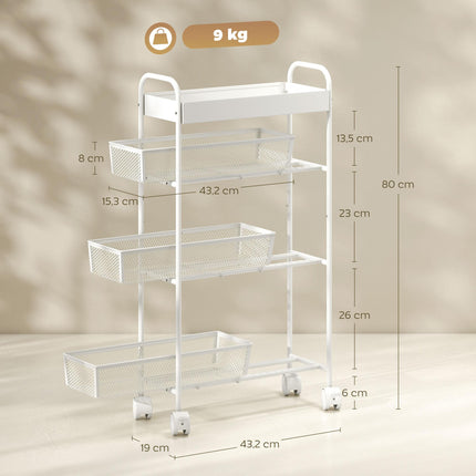 Metal Kitchen Cart, 3 Baskets, Slim Design, 4 Wheels, White