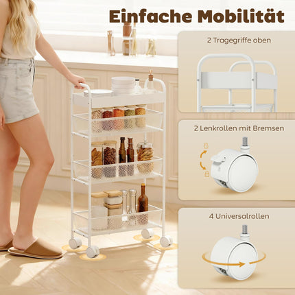 Metal Kitchen Cart, 3 Baskets, Slim Design, 4 Wheels, White