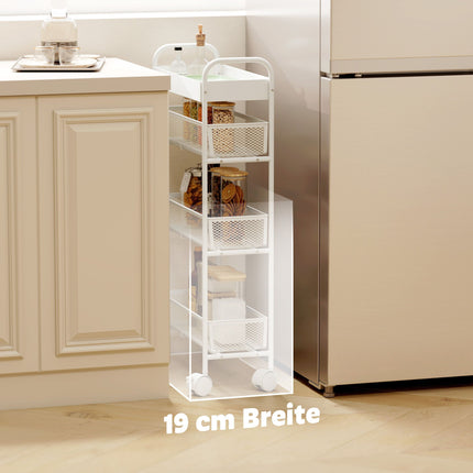 Metal Kitchen Cart, 3 Baskets, Slim Design, 4 Wheels, White