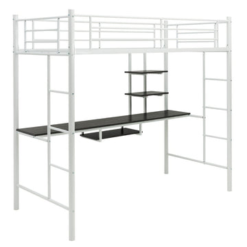 Metal Loft Bed Frame with Desk, Ladders, and Guardrails