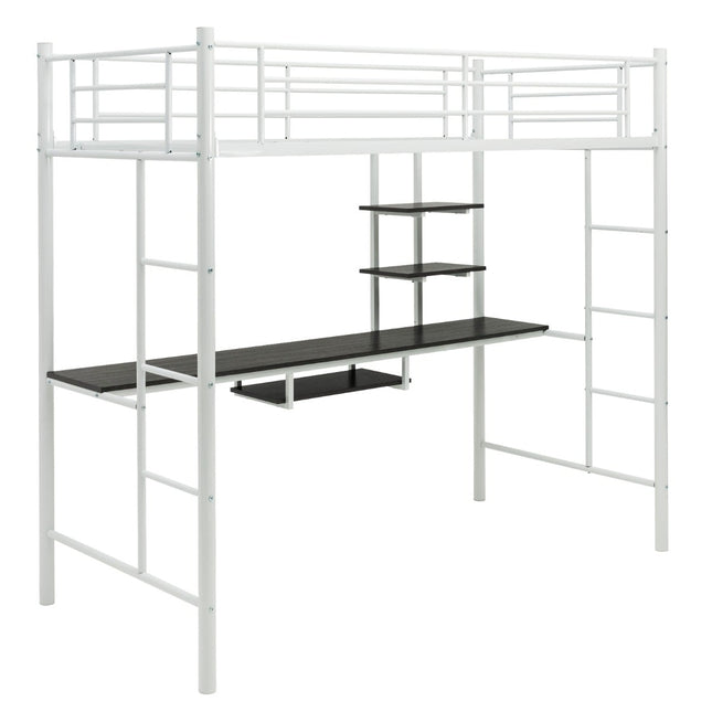 Metal Loft Bed Frame with Desk, Ladders, and Guardrails