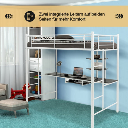 Metal Loft Bed Frame with Desk, Ladders, and Guardrails