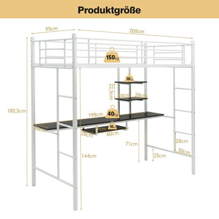 Metal Loft Bed Frame with Desk, Ladders, and Guardrails