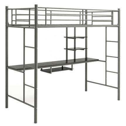 Metal Loft Bed with Desk, Ladders, and Guardrails - Silver