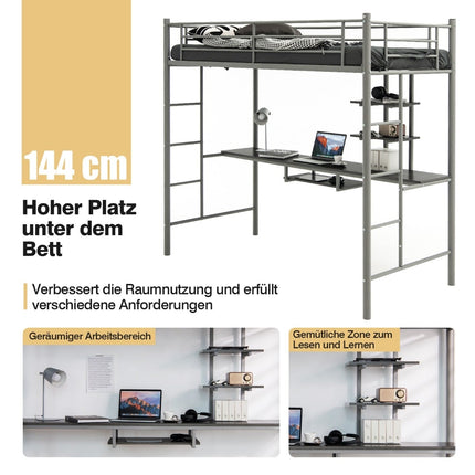 Metal Loft Bed with Desk, Ladders, and Guardrails - Silver