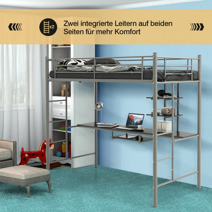 Metal Loft Bed with Desk, Ladders, and Guardrails - Silver
