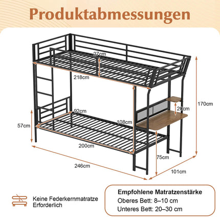 Metal Loft Bunk Bed With Desk, Guardrail and Ladder