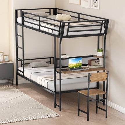 Metal Loft Bunk Bed With Desk, Guardrail and Ladder