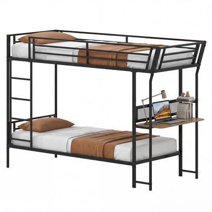Metal Loft Bunk Bed With Desk, Guardrail and Ladder