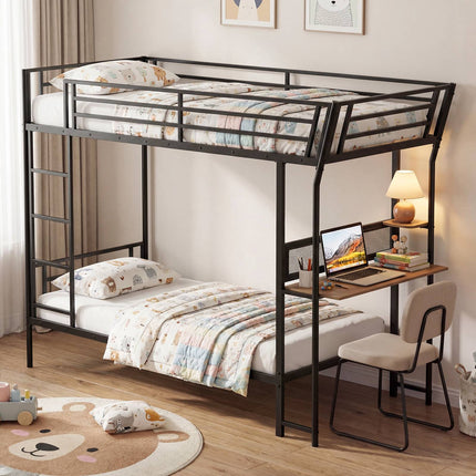 Metal Loft Bunk Bed With Desk, Guardrail and Ladder