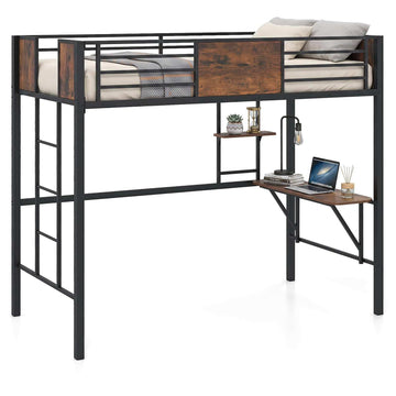 Metal Loft Bunk Bed with Desk and Shelves, Black