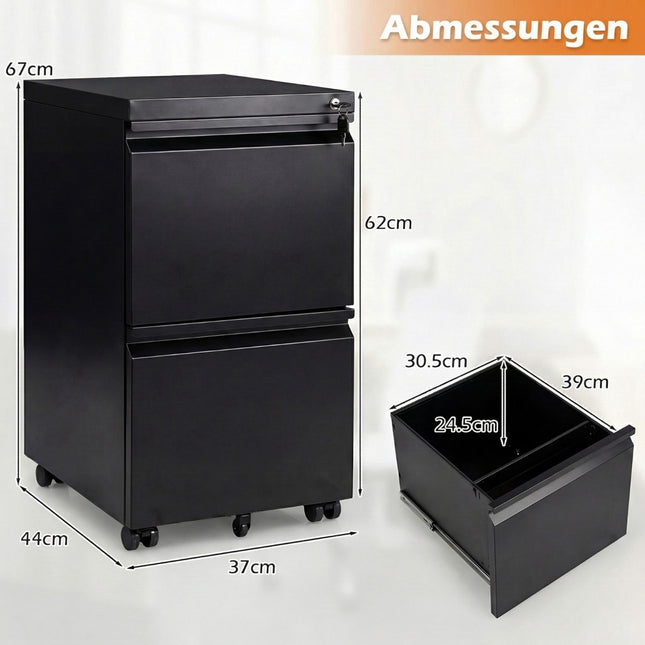 Metal Mobile File Cabinet with Lock, 2 Drawers, Black