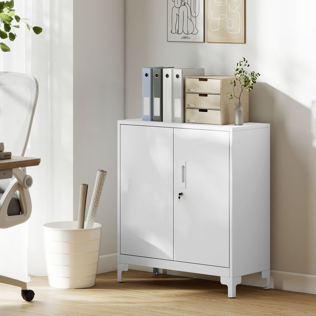 Metal Office Cabinet, Lockable Doors, 2-Tier, White
