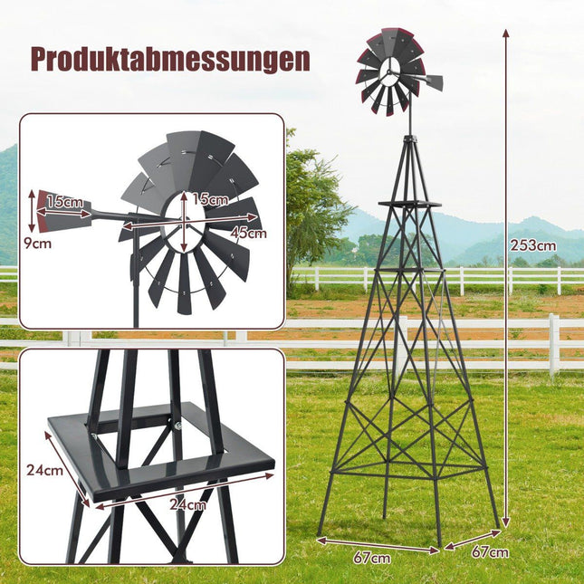 Metal Pinwheel with 4 Support Legs Weatherproof Windmill for Garden Yard 67 x 67 x 253 cm Gray