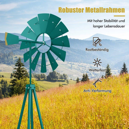 Metal Pinwheel with 4 Support Legs Weatherproof Windmill for Garden Yard 67 x 67 x 253 cm Green