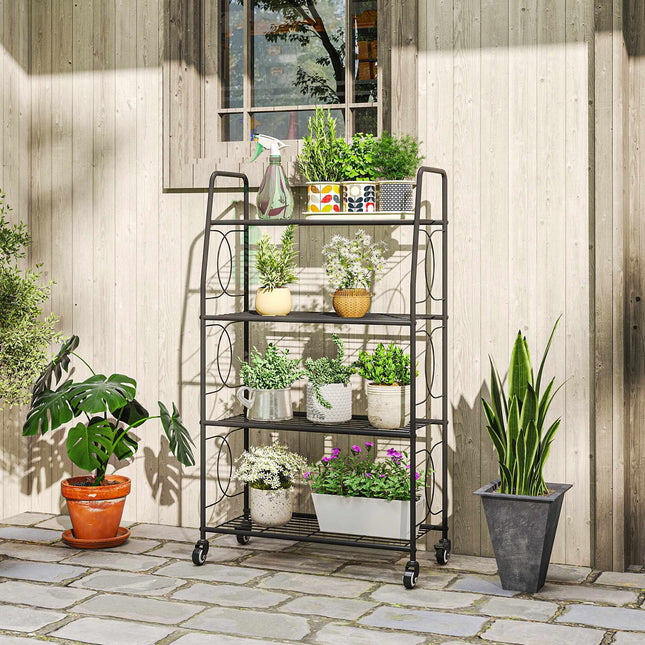 Metal Plant Stand, 4-Tier with Lockable Wheels