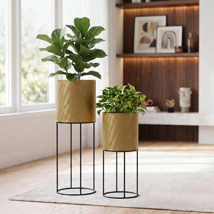 Metal Plant Stand Set of 2, Black-Gold, Galvanised Iron