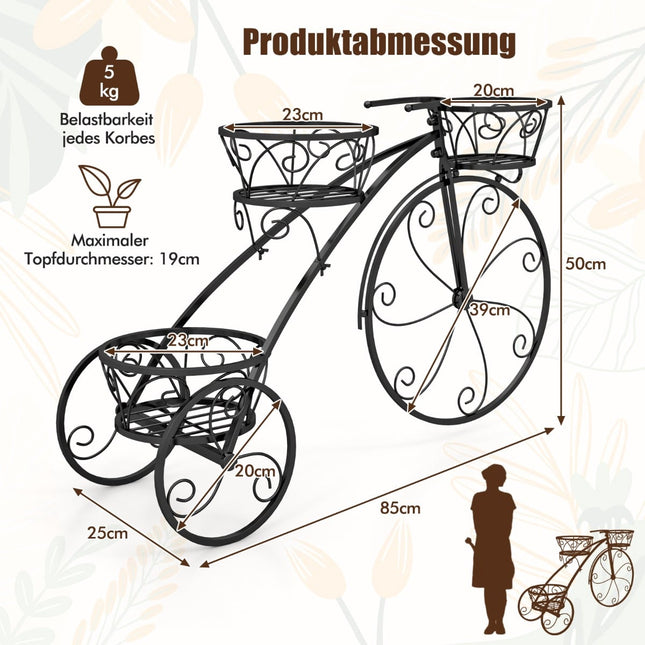 Metal Plant Stand with Bicycle Design, 3 Baskets, Black