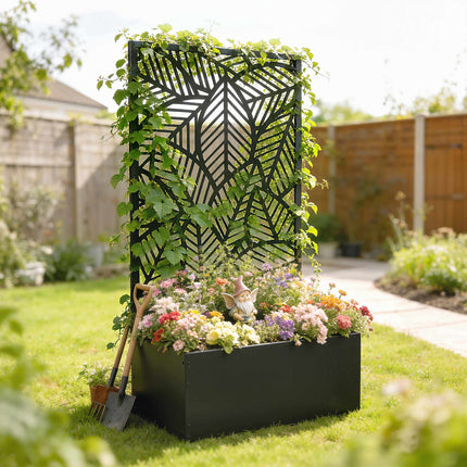 Metal Planter Box with Trellis, 38L Capacity, Black