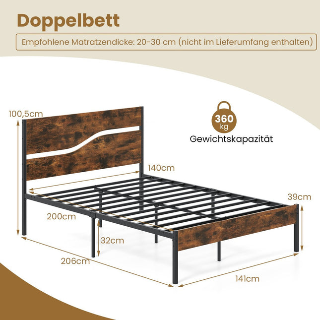 Metal Platform Bed Frame, 200x140 cm, Wood Headboard