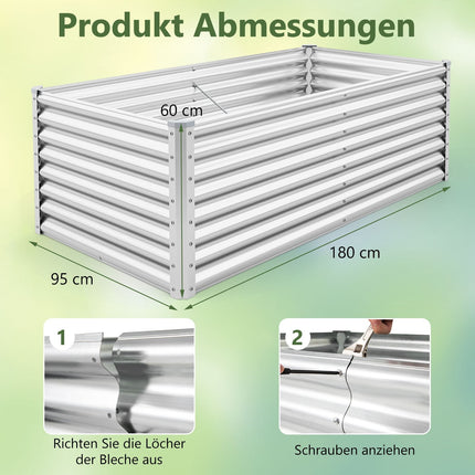 Metal Raised Garden Bed, 180x95x60 cm, Open Base