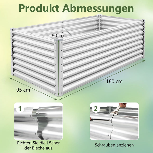 Metal Raised Garden Bed, 180x95x60 cm, Open Base