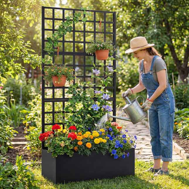 Metal Raised Garden Bed With Trellis, Drainage Holes, Black