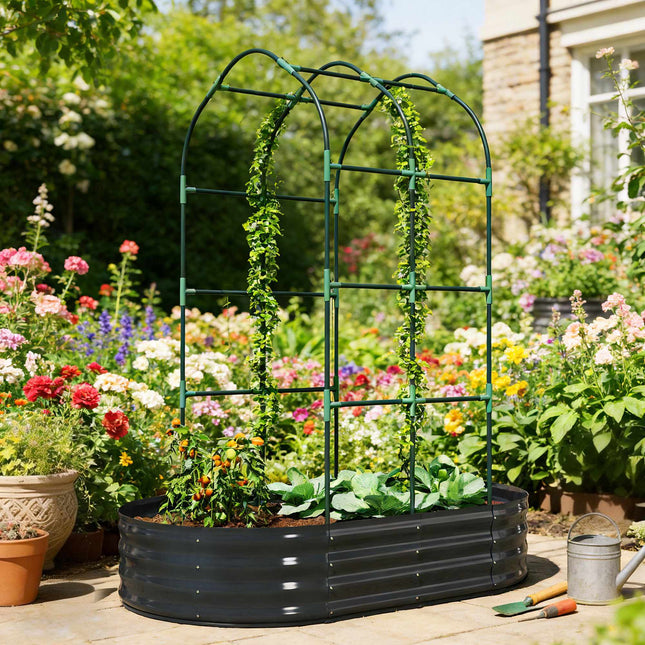 Metal Raised Garden Bed with Trellis, 160x90x180 cm, Dark Grey