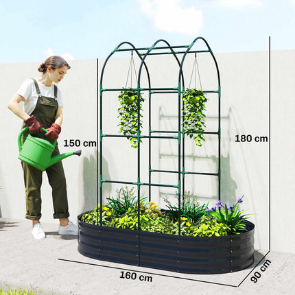 Metal Raised Garden Bed with Trellis, 160x90x180 cm, Dark Grey