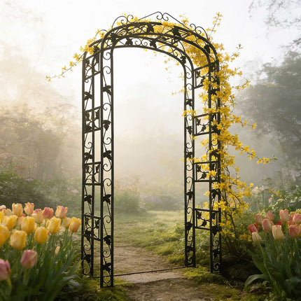 Metal Rose Arch, Black Garden Trellis For Climbing Vines