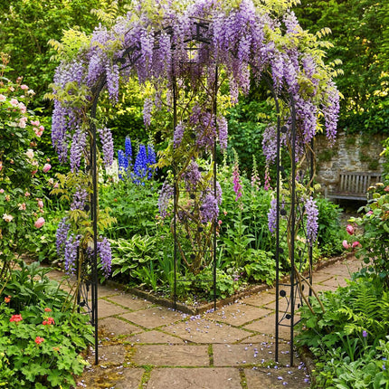 Metal Rose Arch, Black Garden Trellis With Leaf Motif