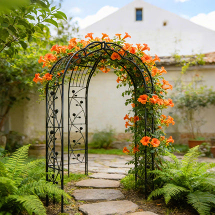 Metal Rose Arch, Black Garden Trellis With Leaf Motif
