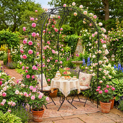 Metal Rose Arch, Black Garden Trellis With Leaf Motif