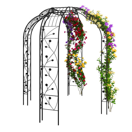 Metal Rose Arch, Black, Leaf And Flower Motif