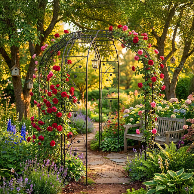 Metal Rose Arch, Black, Leaf And Flower Motif