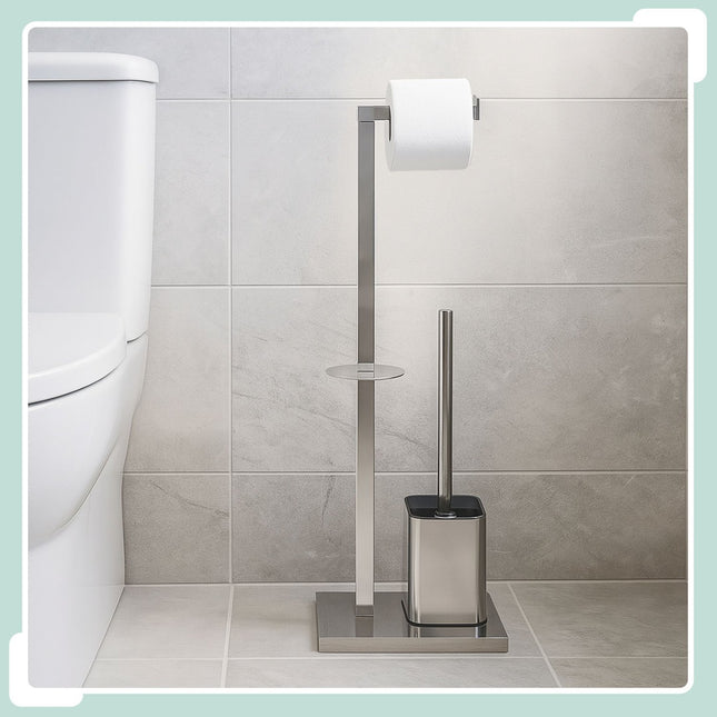 Metalen toiletrolhouder met borstel en opbergruimte