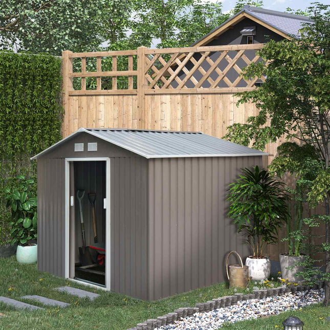 Metal garden tool shed with foundation, weatherproof, gray