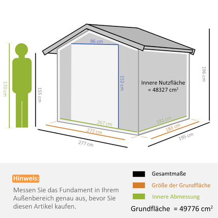 Metal garden tool shed with foundation, weatherproof, gray