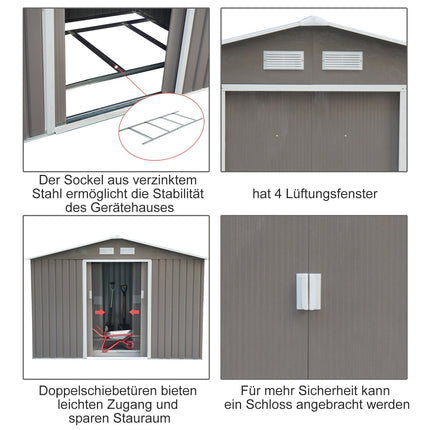 Metal garden tool shed with foundation, weatherproof, gray