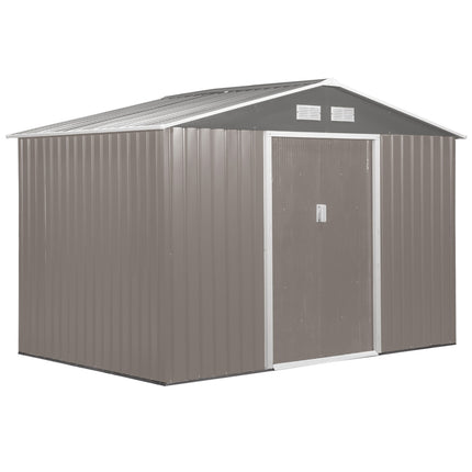 Metal garden tool shed with foundation, weatherproof, gray