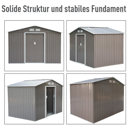 Metal garden tool shed with foundation, weatherproof, gray