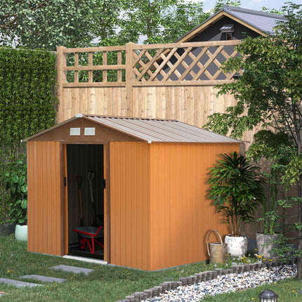 Weatherproof metal garden shed with foundation, yellow