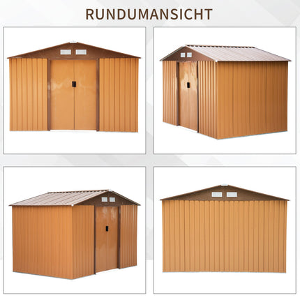 Weatherproof metal garden shed with foundation, yellow