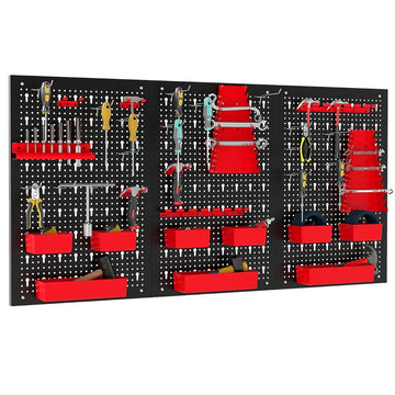 Metal Tool Wall with 9 Storage Boxes & Holders, Red
