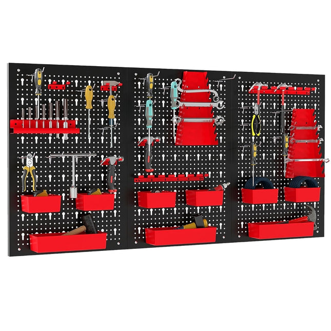 Metal Tool Wall with 9 Storage Boxes & Holders, Red